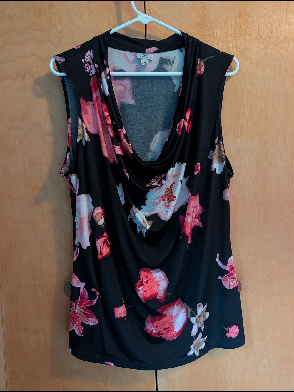 Worthington Black Sleeveless Drape Neck Top with Pink Floral Print